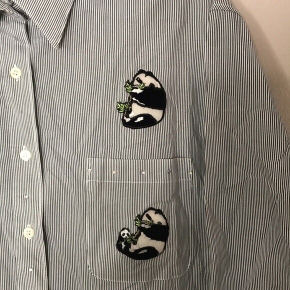 Get lucky button up striped long sleeve shirt with pandas embroidered large - Picture 5 of 13